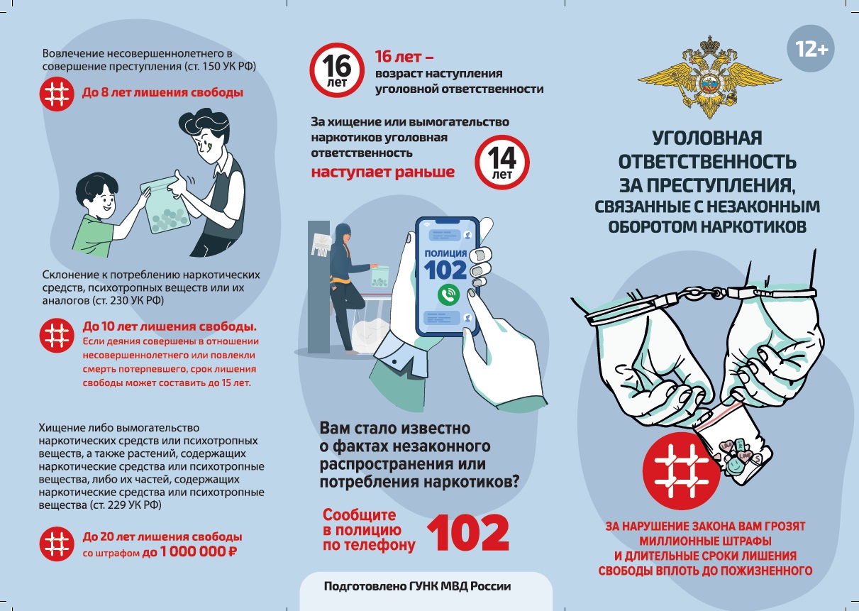 Буклет об уголовной ответственности за преступления, связанные с незаконным оборотом наркотиков, разработанный Главным управлением по контролю за оборотом наркотиков МВД России.
